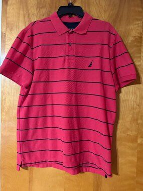 Nautica Men's Perfomance Deck Coral Polo with Navy Stripes L